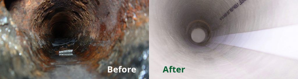 A before and after picture of a drain pipe.