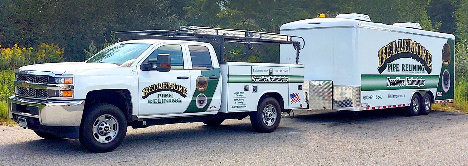 Bellemore Pipe Relining truck with a trailer attached to it is parked on the side of the road.