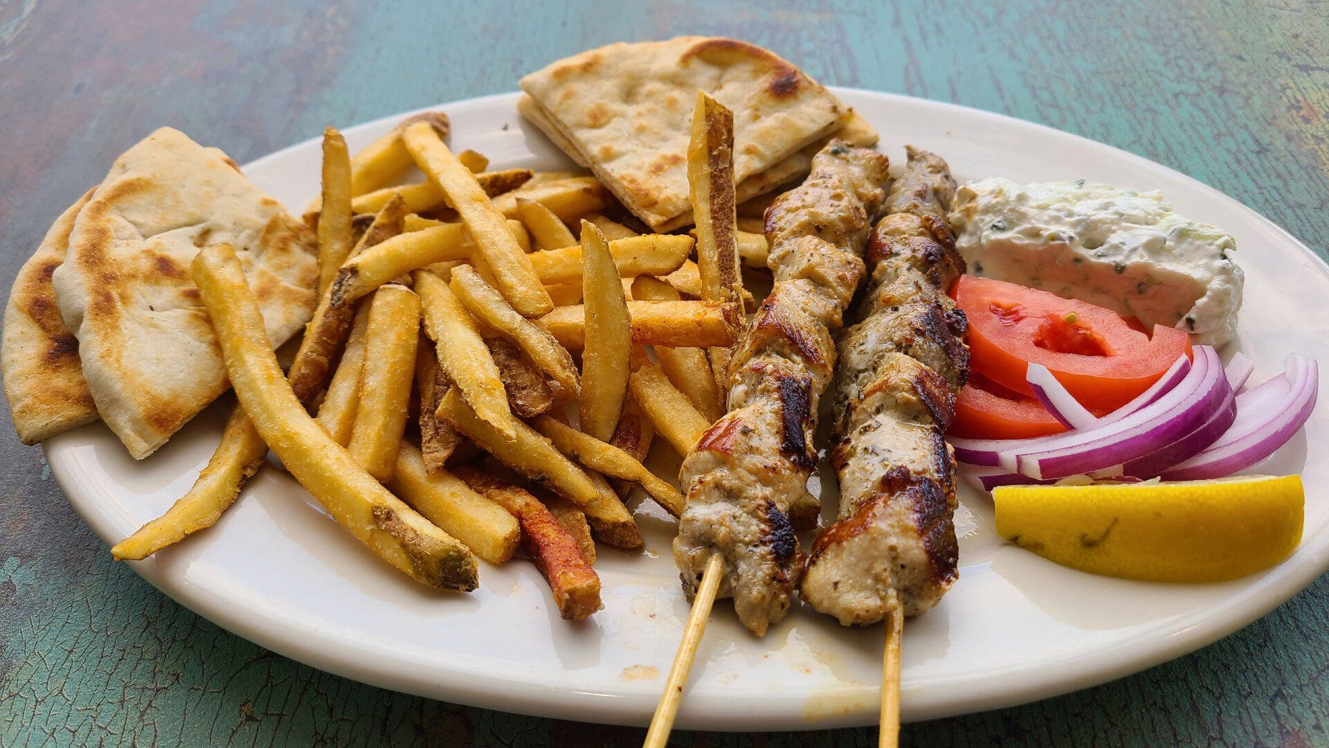 Pork souvlaki platter