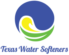 Logo: Blue circle with a wave-like design in yellow and green; "Texas Water Softeners" below in blue.