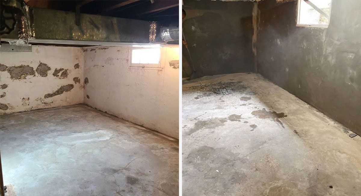 Two damp, unfinished basement corners. Walls have peeling paint or cement, concrete floors.