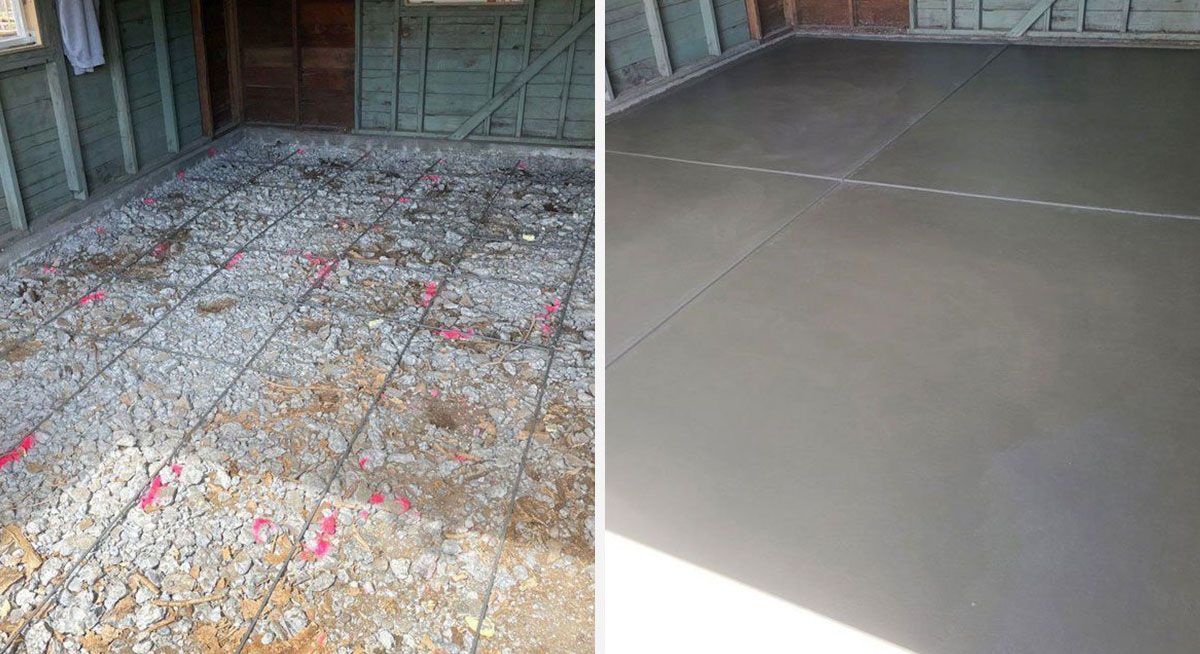 Left: Debris-filled room with rebar. Right: Smooth, gray concrete floor in a room.