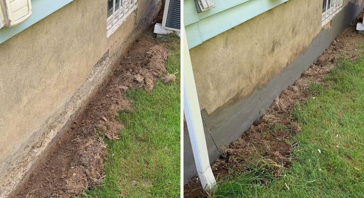 Before-and-after of house foundation. The left shows dirt; the right shows a new concrete strip along the base of a home.