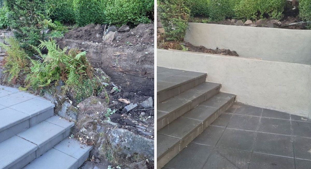 Before and after photo of landscaped stairs and retaining wall. The 