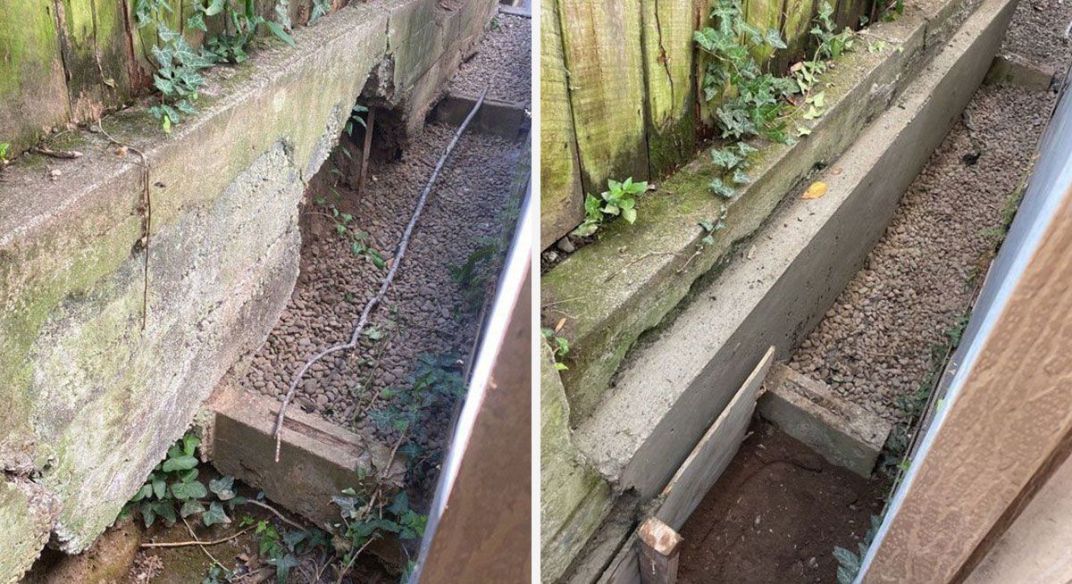 Two views of a narrow concrete channel between a weathered fence and raised bed, filled with debris.
