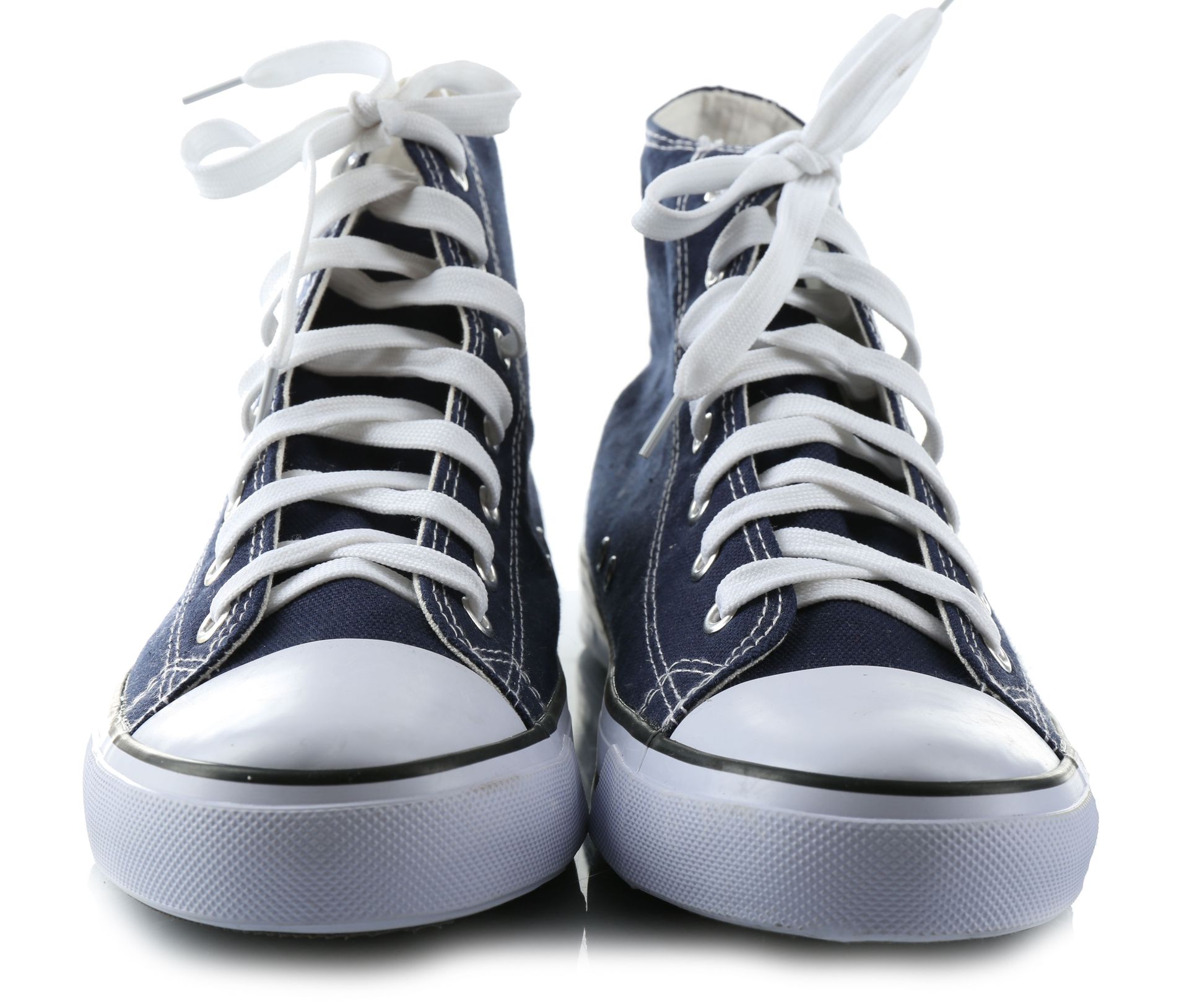 a pair of blue high-top sneakers with white laces