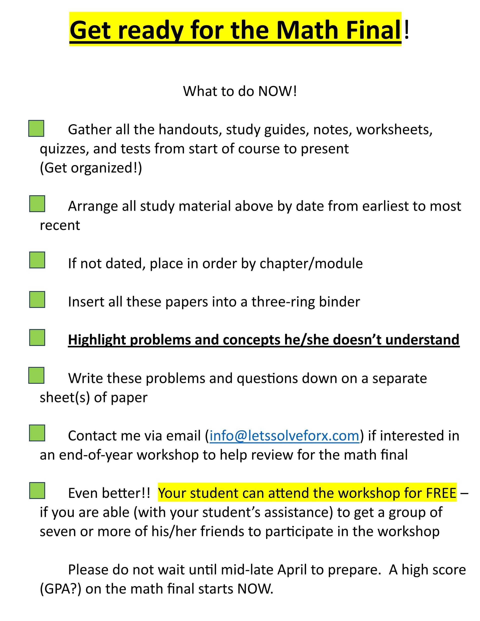 Checklist for math final preparation with highlighted instructions.