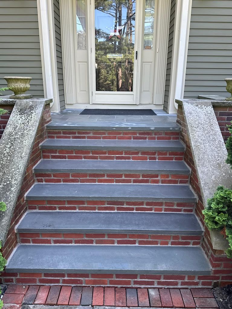 Brick front steps with white railings leading to a glass-paneled entry door
