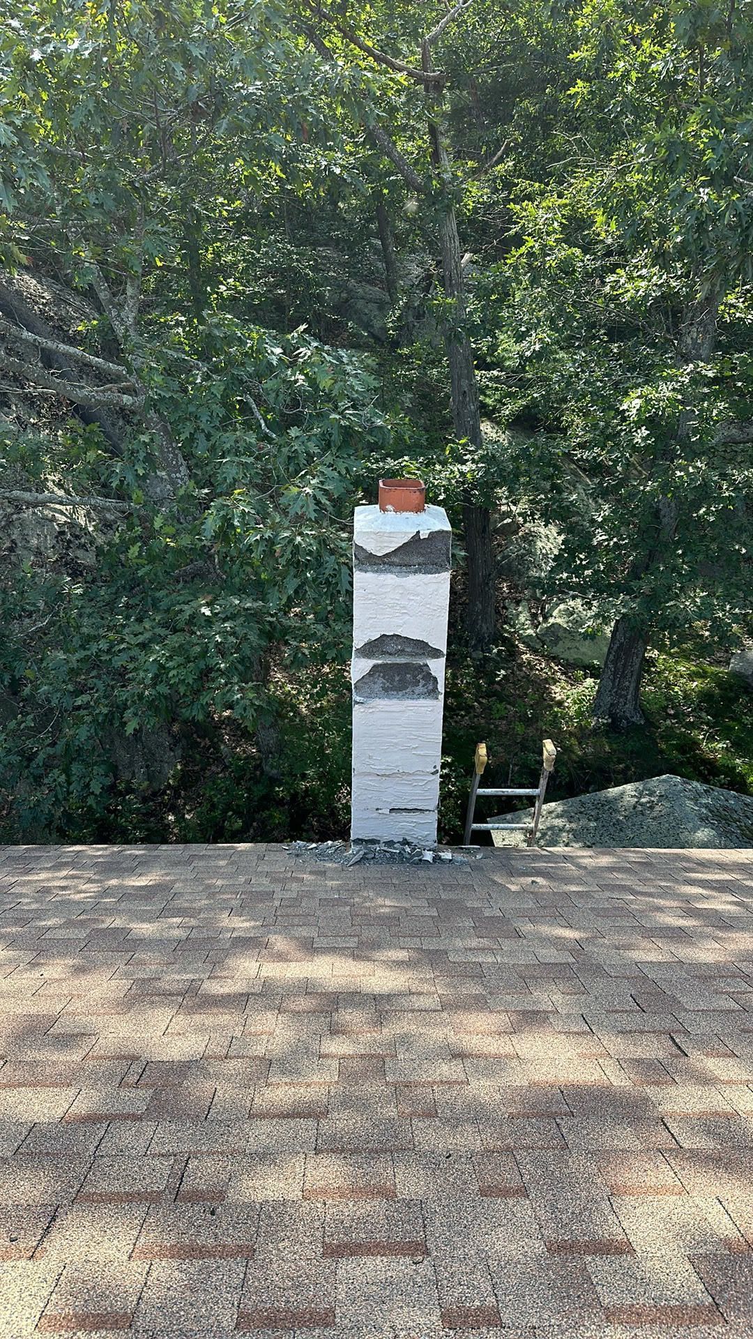 White roadside post with a red top and dark patch, standing by a forested path.