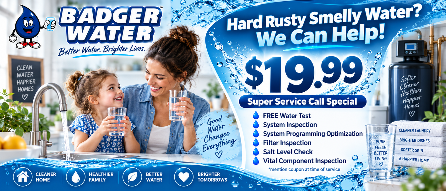 Badger Water ad: smiling family by a blue sink, promoting rust and smelly water treatment for $19.99.