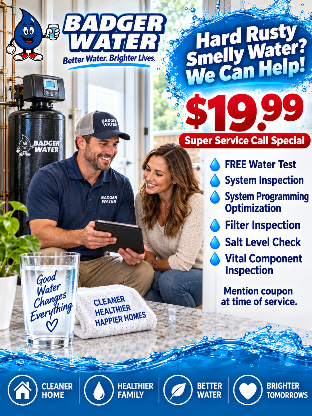 Badger Water ad: man and woman in pool with sign, “Hard, Rusty, Smelly Water? We Can Help!” $19.99 service call