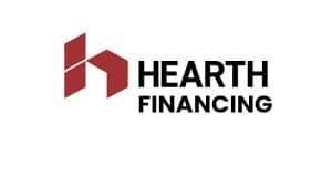 Hearth Financing logo. Red house symbol and black text.