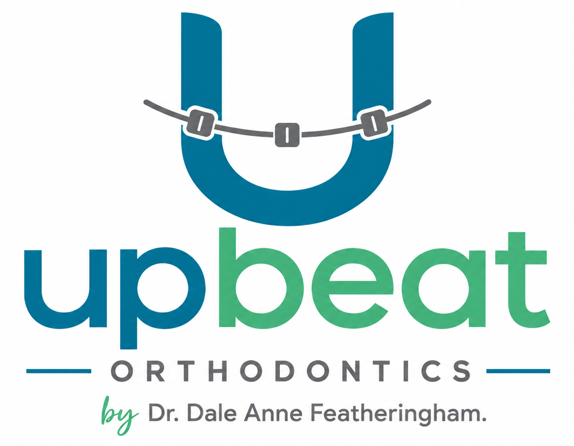 Upbeat Orthodontics logo with a teal U-shaped bracket and gray braces