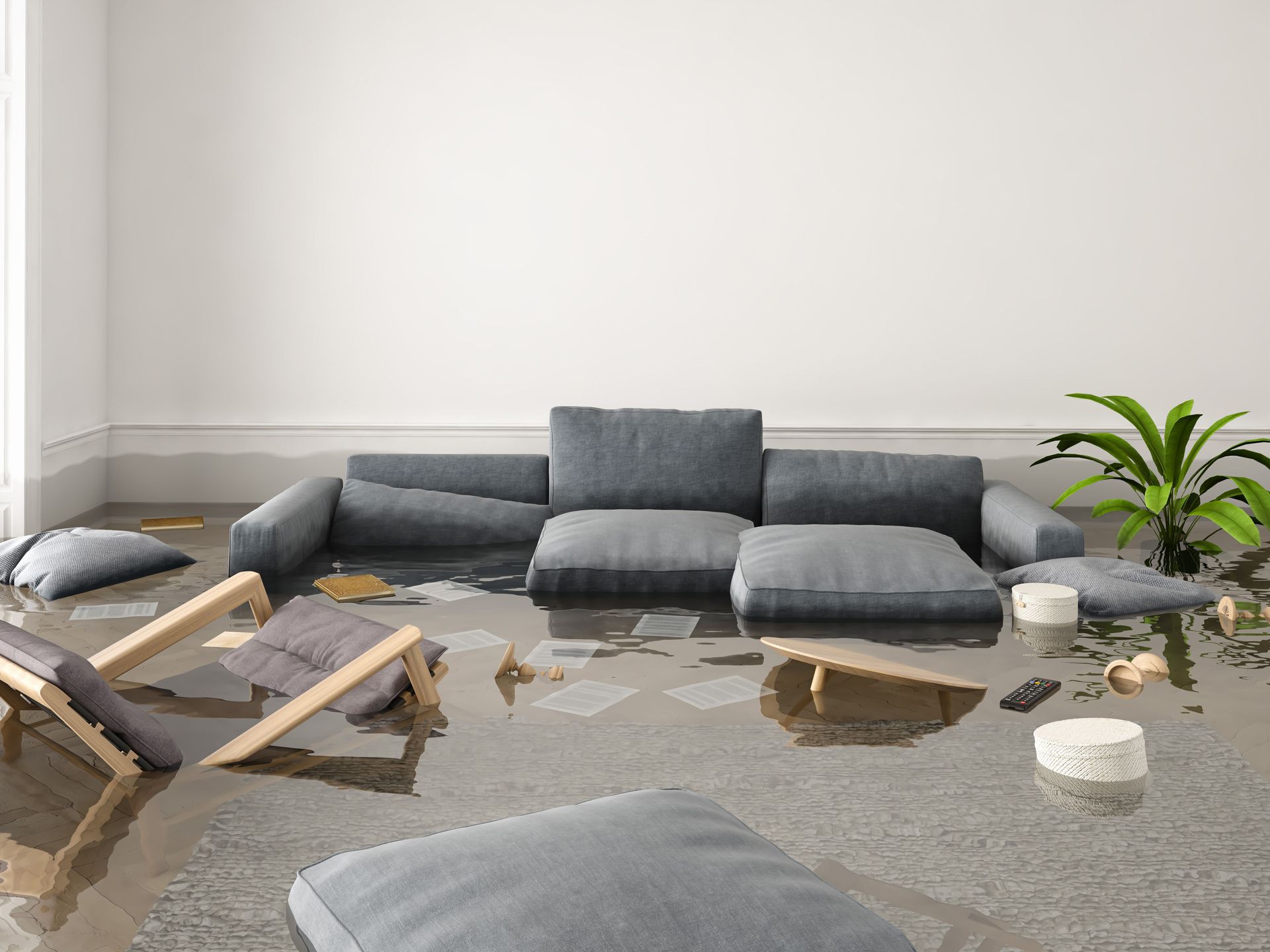 Flooded living room with gray sectional sofa, floating chairs, scattered debris, and a potted plant.