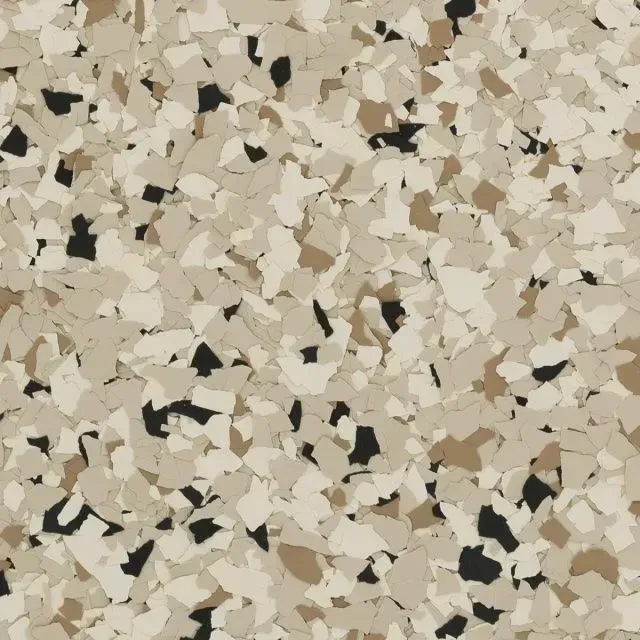 Beige terrazzo-like surface with scattered black and gray speckles.