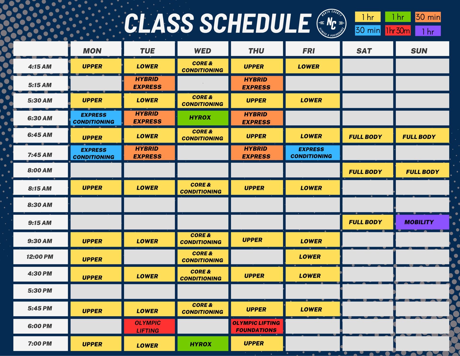 Colorful weekly class schedule grid with days, times, and subject blocks on a blue background