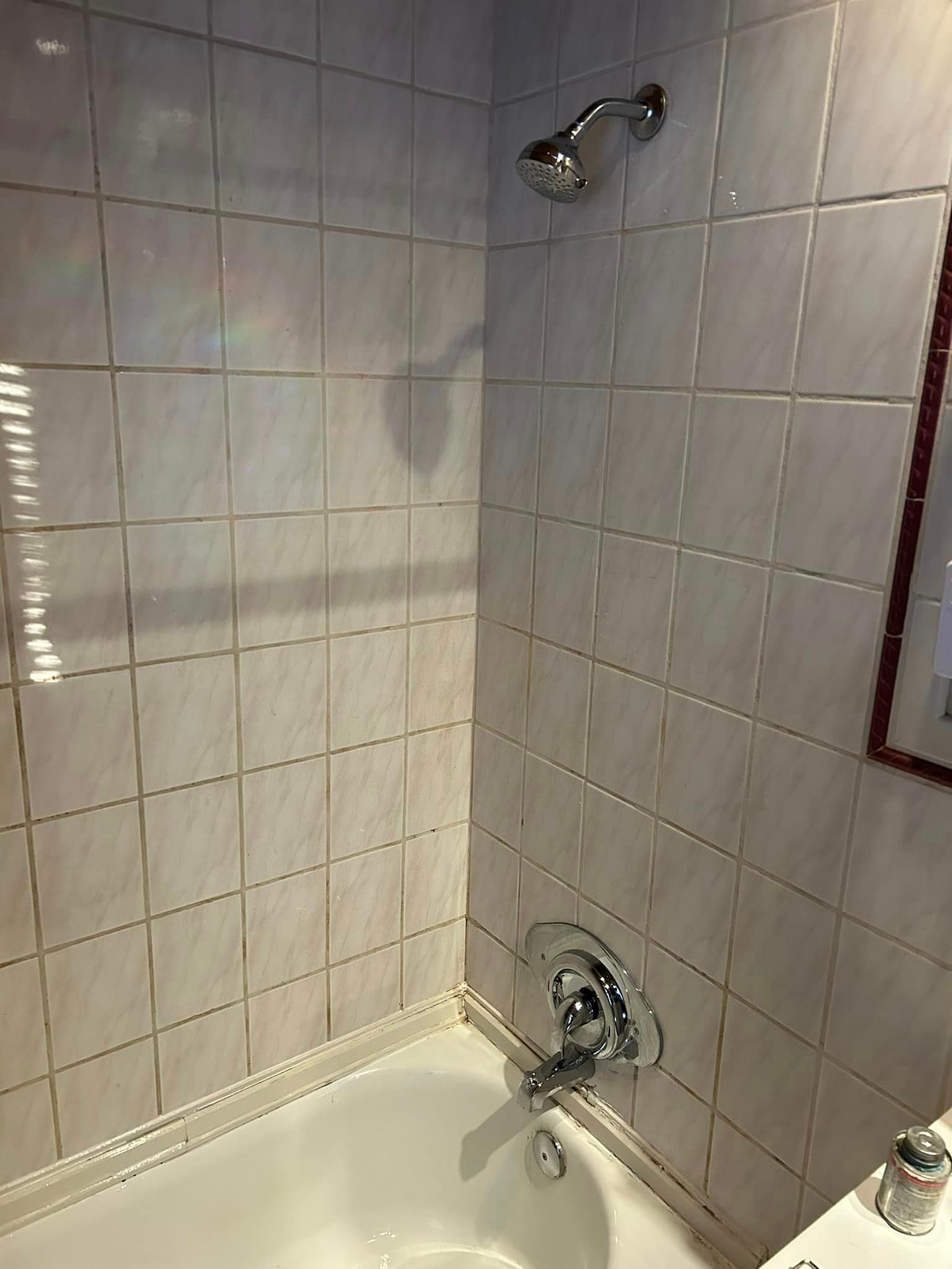 a bathroom with a bathtub , shower and mirror .