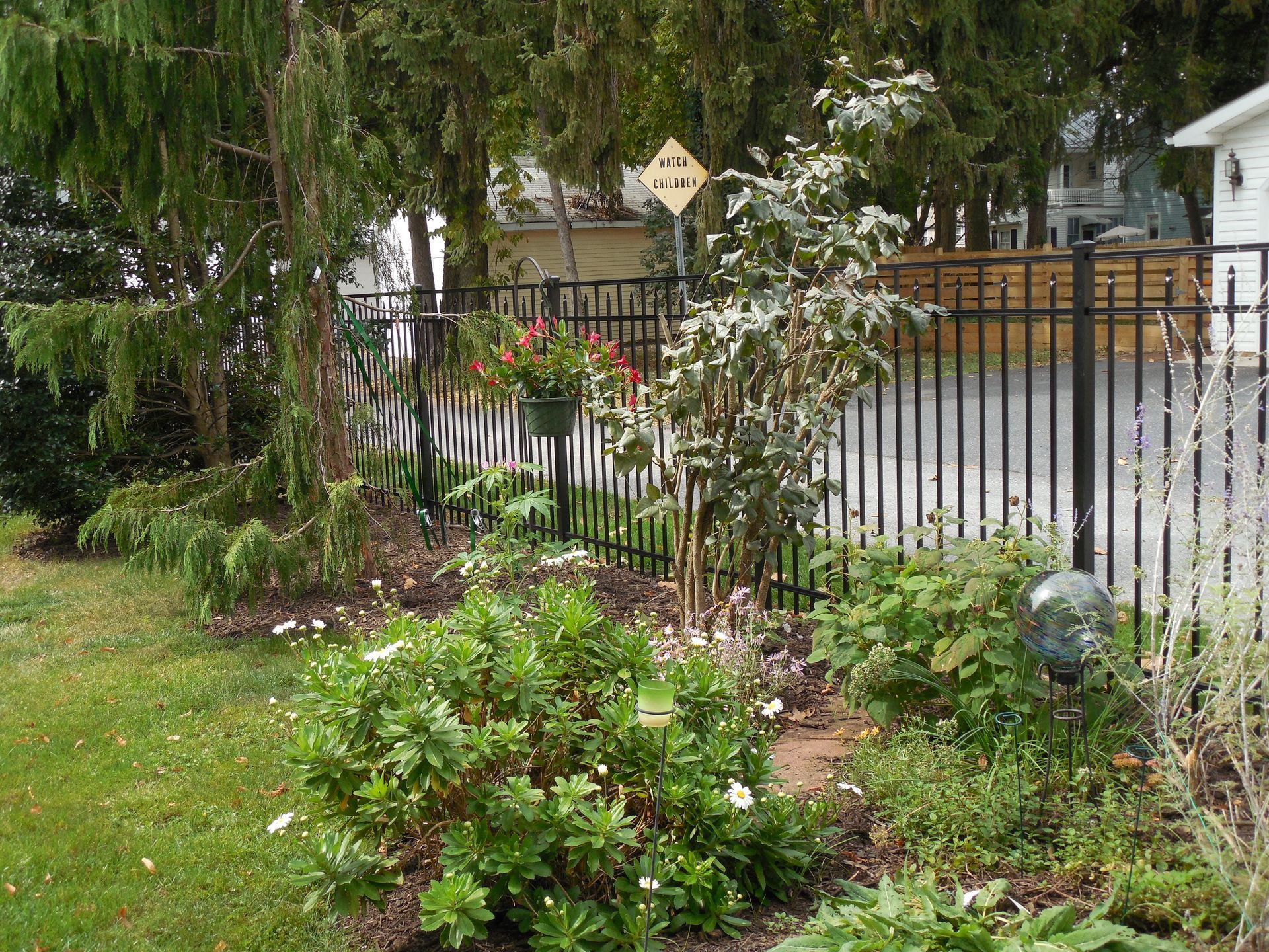 A fence surrounds a garden with lots of plants and trees