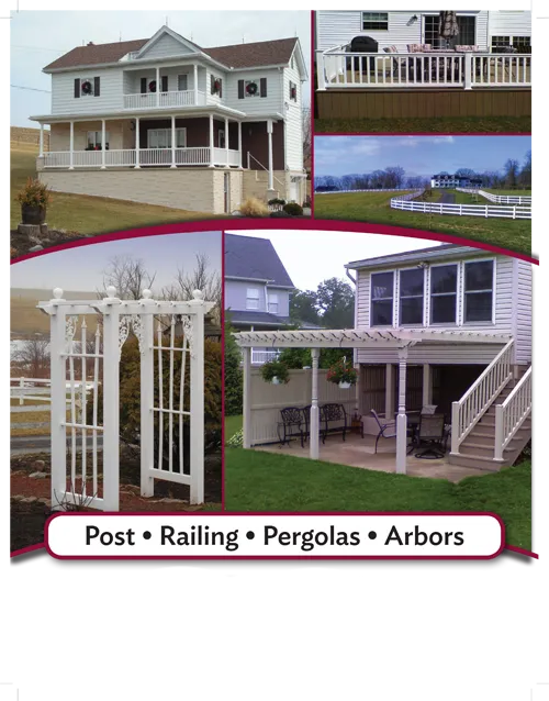 A collage of pictures of houses with the words post railing pergolas arbors
