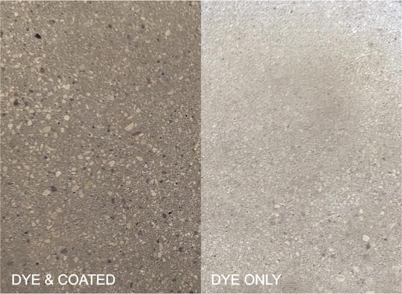 Speckled gray surface comparison labeled “DYE & COATED” and “DYE ONLY” at bottom.