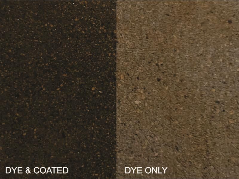 Side-by-side fabric swatches: dark brown dye and coated on left, lighter brown dye only on right.