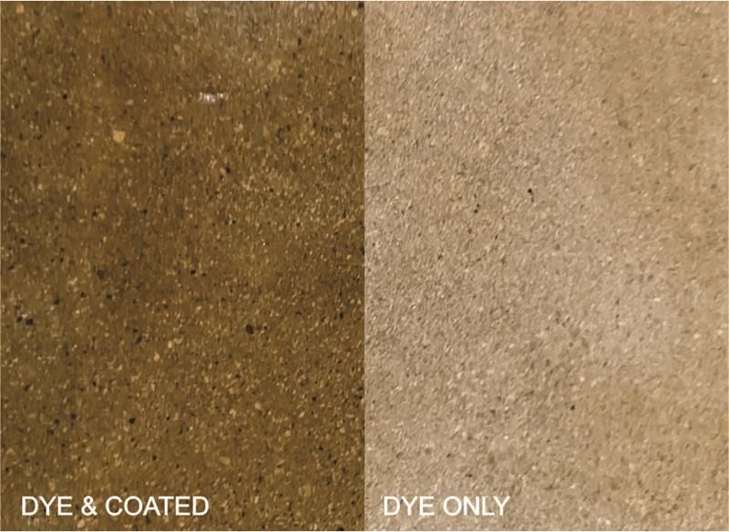 Close-up of speckled brown textured surface with labels “DYE & COATED” and “DYE ONLY” at the bottom