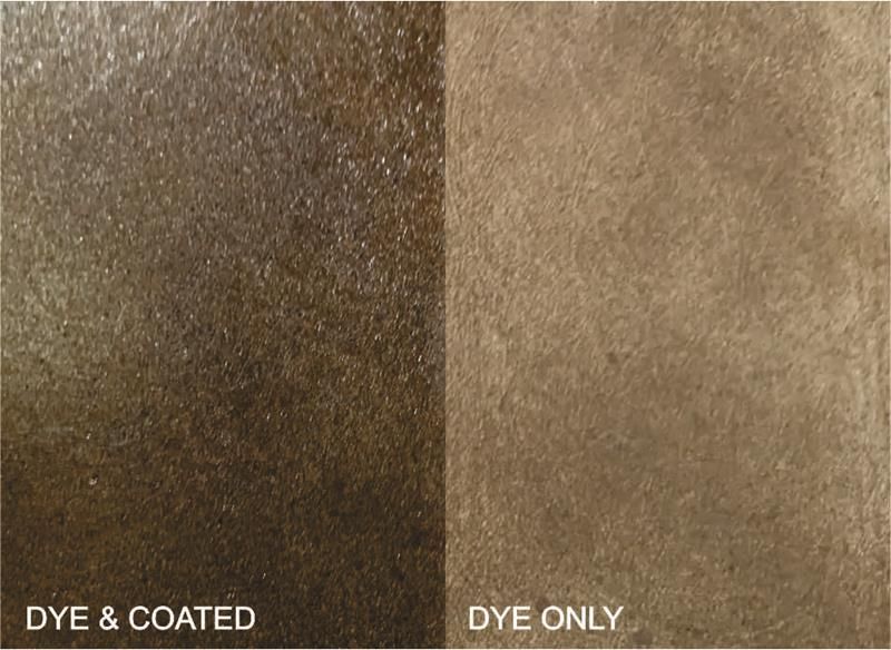 Brown textured fabric sample labeled “DYE & COATED” and “DYE ONLY” in side-by-side comparison