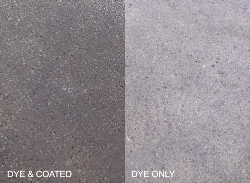 Gray textured surface comparison labeled “DYE & COATED” and “DYE ONLY”