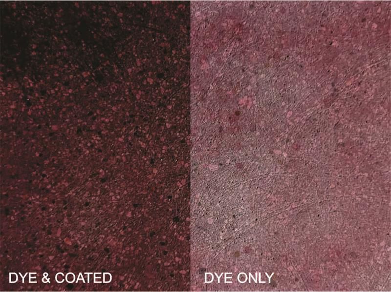Split swatch comparison: dark red speckled “Dye & Coated” vs lighter pink “Dye Only”
