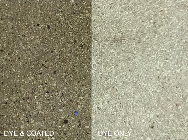 Side-by-side texture sample: dark speckled “DYE & COATED” and lighter “DYE ONLY” surfaces.
