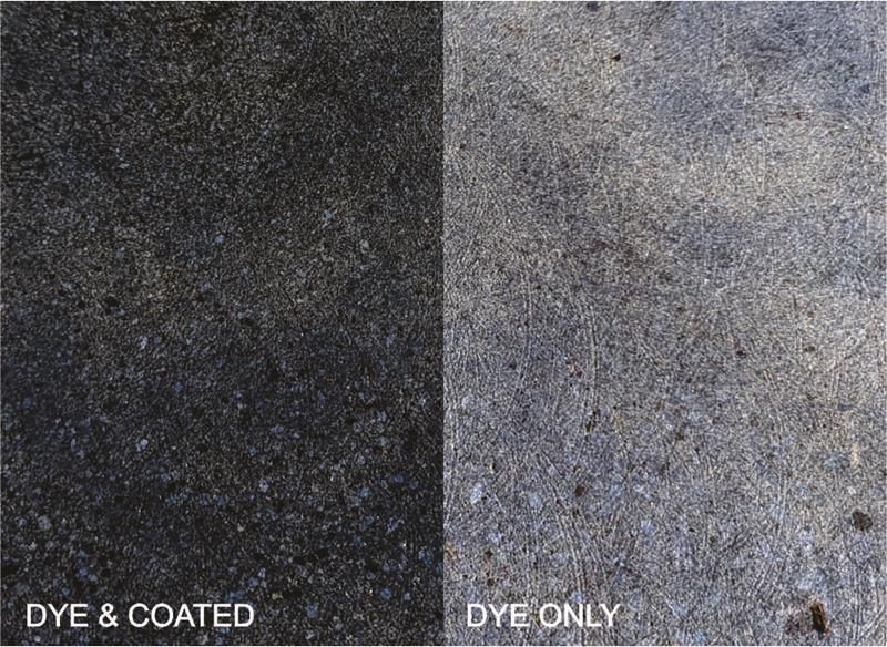 Side-by-side textured surface comparison labeled “DYE & COATED” and “DYE ONLY”