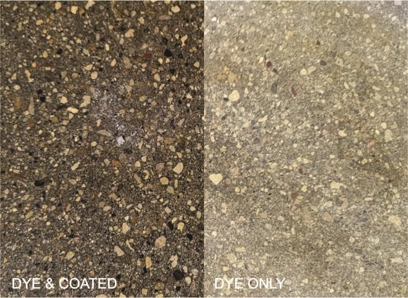 Side-by-side textured concrete finish comparison: “DYE & COATED” on left, “DYE ONLY” on right.