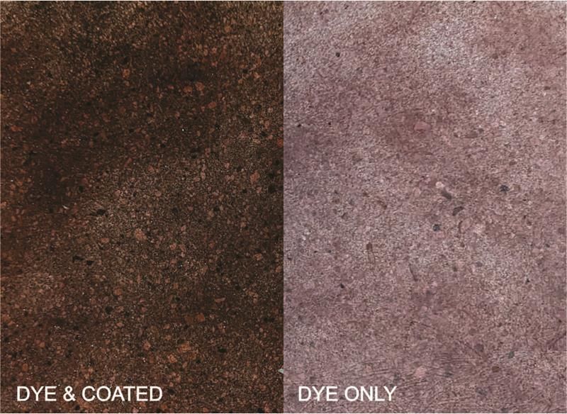 Close-up of textured fabric showing dark dyed-and-coated section next to lighter dye-only section