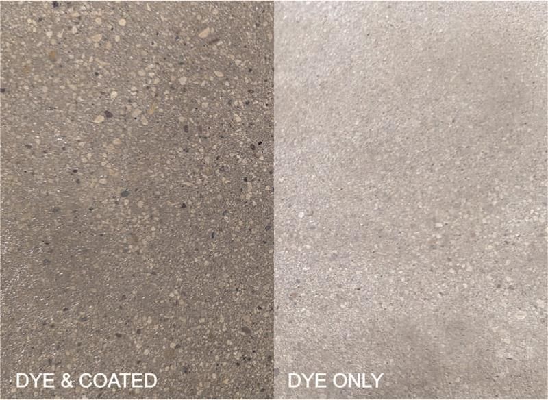 Side-by-side speckled surface sample comparison labeled “DYE & COATED” and “DYE ONLY”