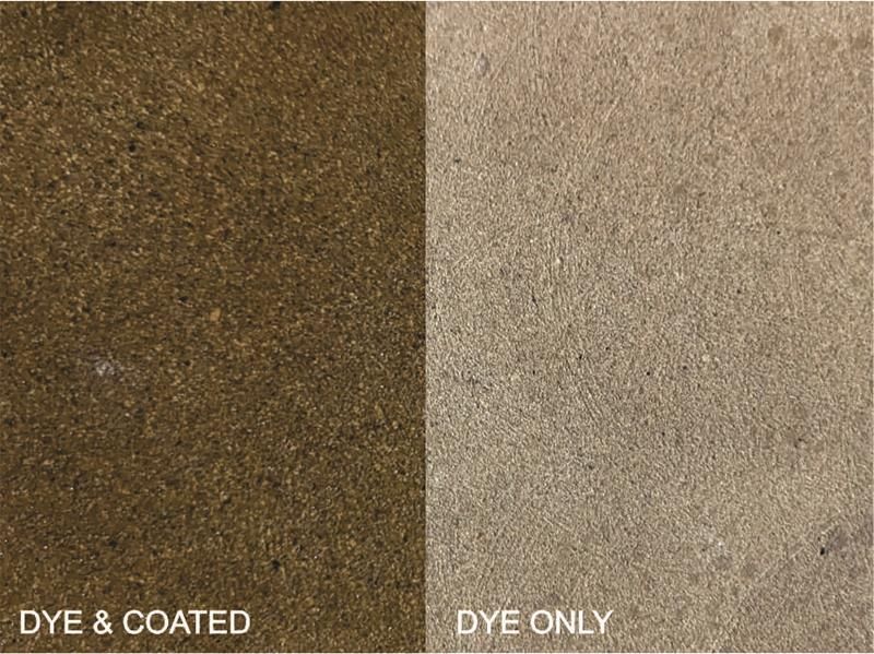 Brown textured surface compared side by side: “DYE & COATED” and “DYE ONLY” examples.