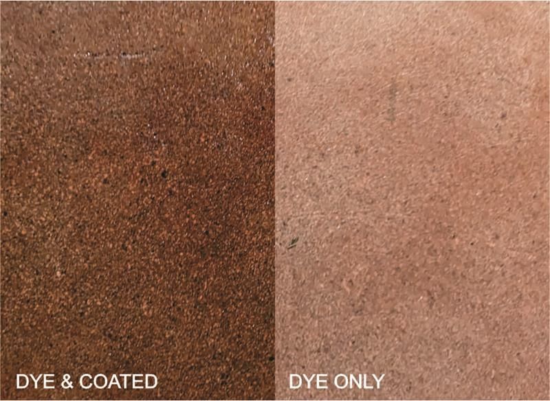 Side-by-side texture sample: darker “DYE & COATED” on left, lighter “DYE ONLY” on right.