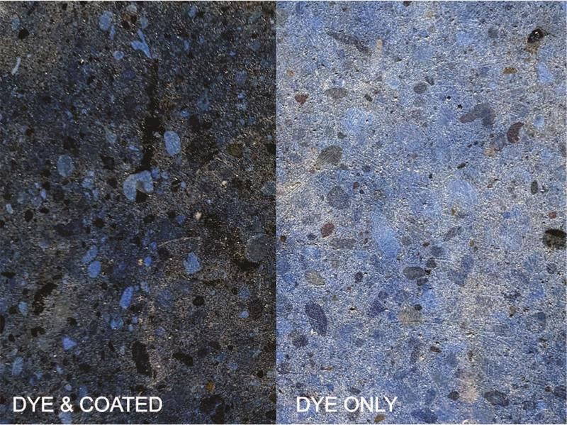 Two side-by-side stone surfaces: dark “DYE & COATED” on left, light “DYE ONLY” on right.