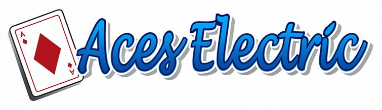Logo for Aces Electric: Ace of diamonds card next to blue cursive text with a shadow.