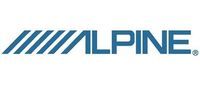 ALPINE logo in blue with diagonal stripes on a white background
