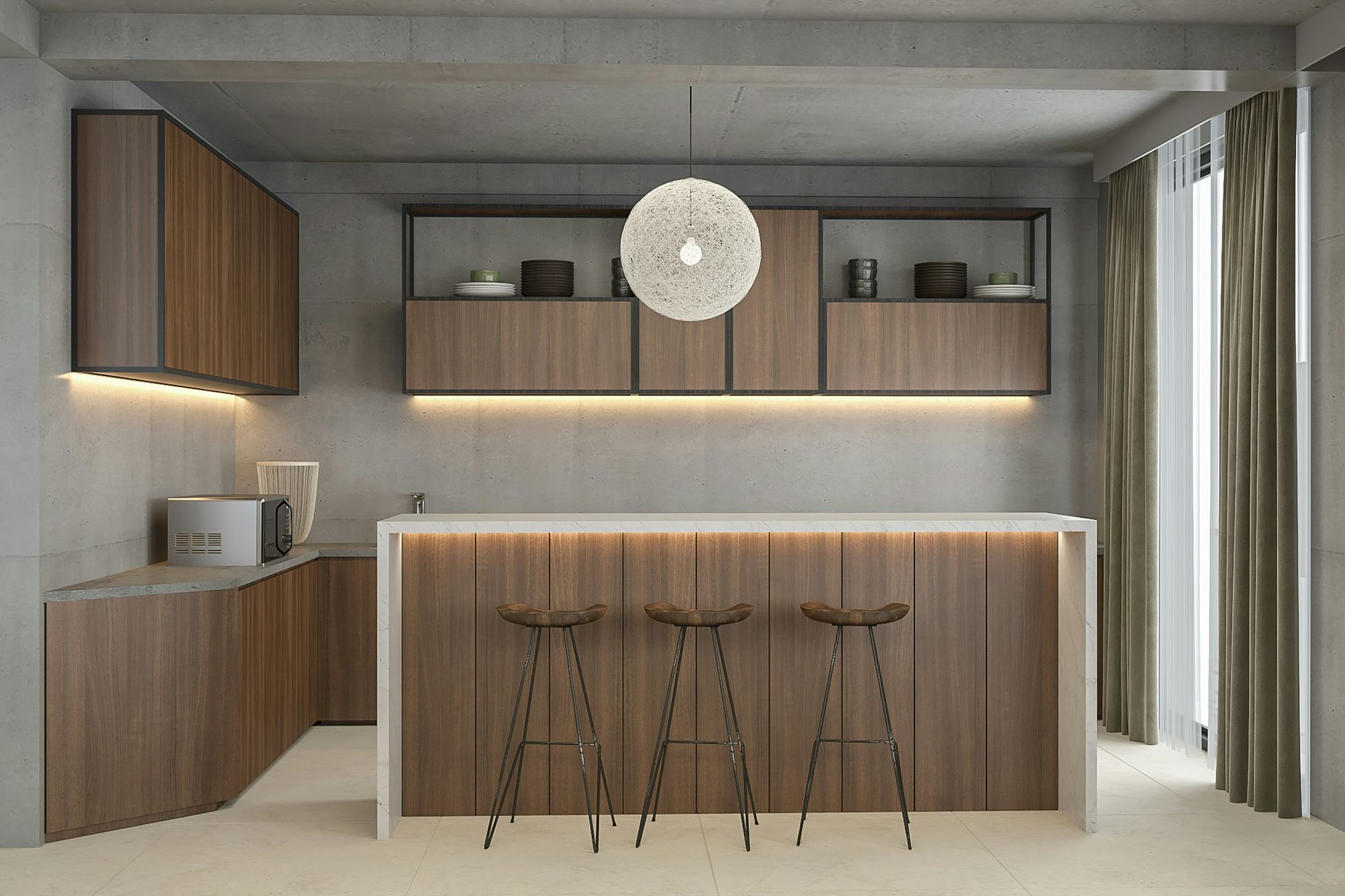 A kitchen with wooden cabinets, granite counter tops and stools.