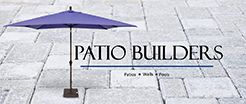 Logo with blue patio umbrella and company name "PATIOBUILDERS" and services: Patios, Walls, Pools.