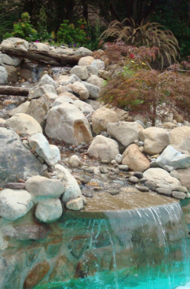 Waterfall cascading over rocks into a turquoise pool, surrounded by plants and trees.
