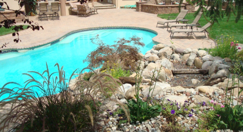 Pool with blue water and surrounding landscaping with rocks and plants.