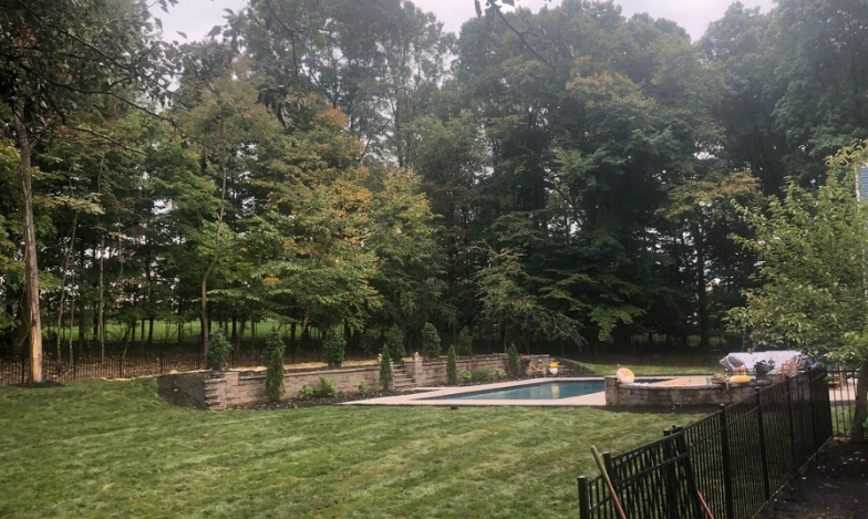 Green backyard with a rectangular pool, stone walls, and mature trees.