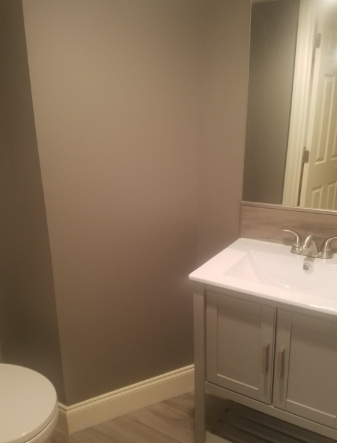 Bathroom with gray walls, white vanity, toilet, and a door.