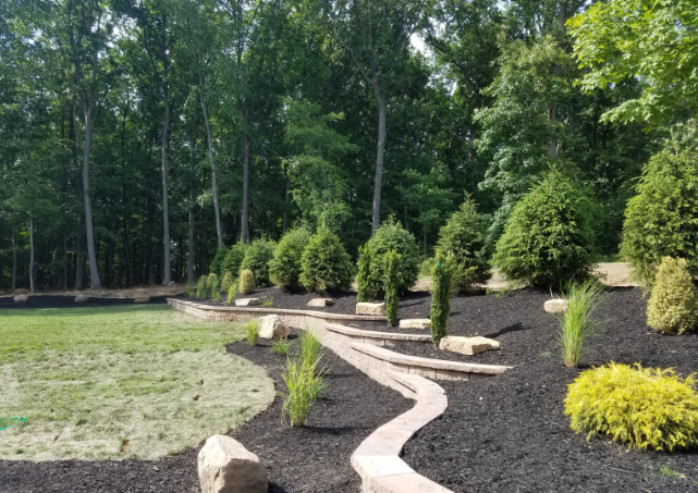 Landscaped backyard with trees and shrubs along a dark mulch bed and a winding stone path.