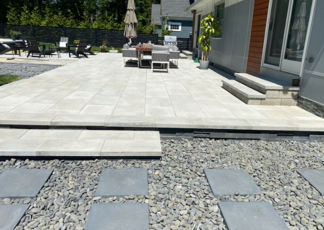 Stone patio with seating area, steps, and rock garden with stepping stones.