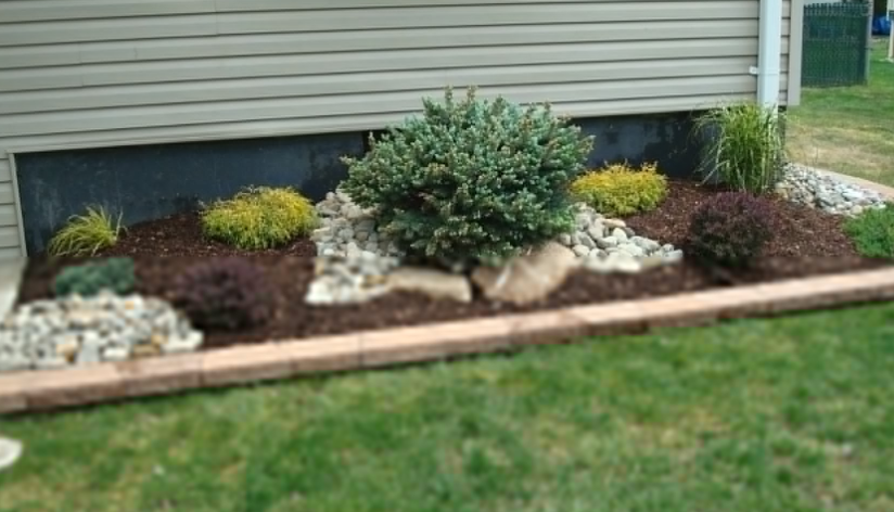 A landscaped garden bed with mulch, rocks, and various shrubs, beside a house with tan siding.
