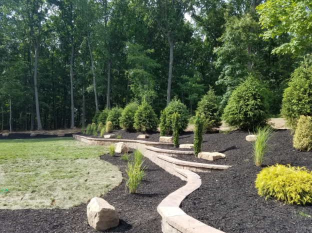 Landscaped yard with winding brick pathway, evergreen trees, and black mulch.