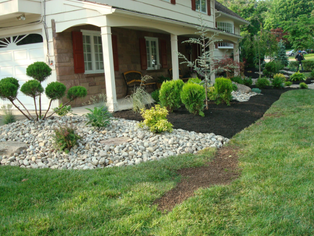 Landscaped front yard with a house. Green grass, mulch, and stone. Various shrubs and trees.